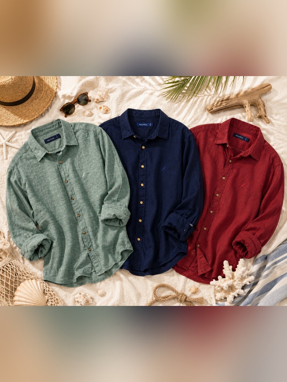 Nautica Men's Navy, Sage & Red Linen/cotton Button-Down LOT OF 3 Shirts Mens XXL